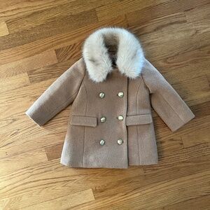 Crewcuts Camel Double breasted peacoat with faux fur collar.